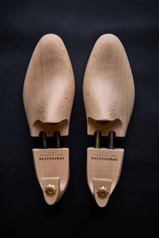 Pair of wooden shoe trees on a black background