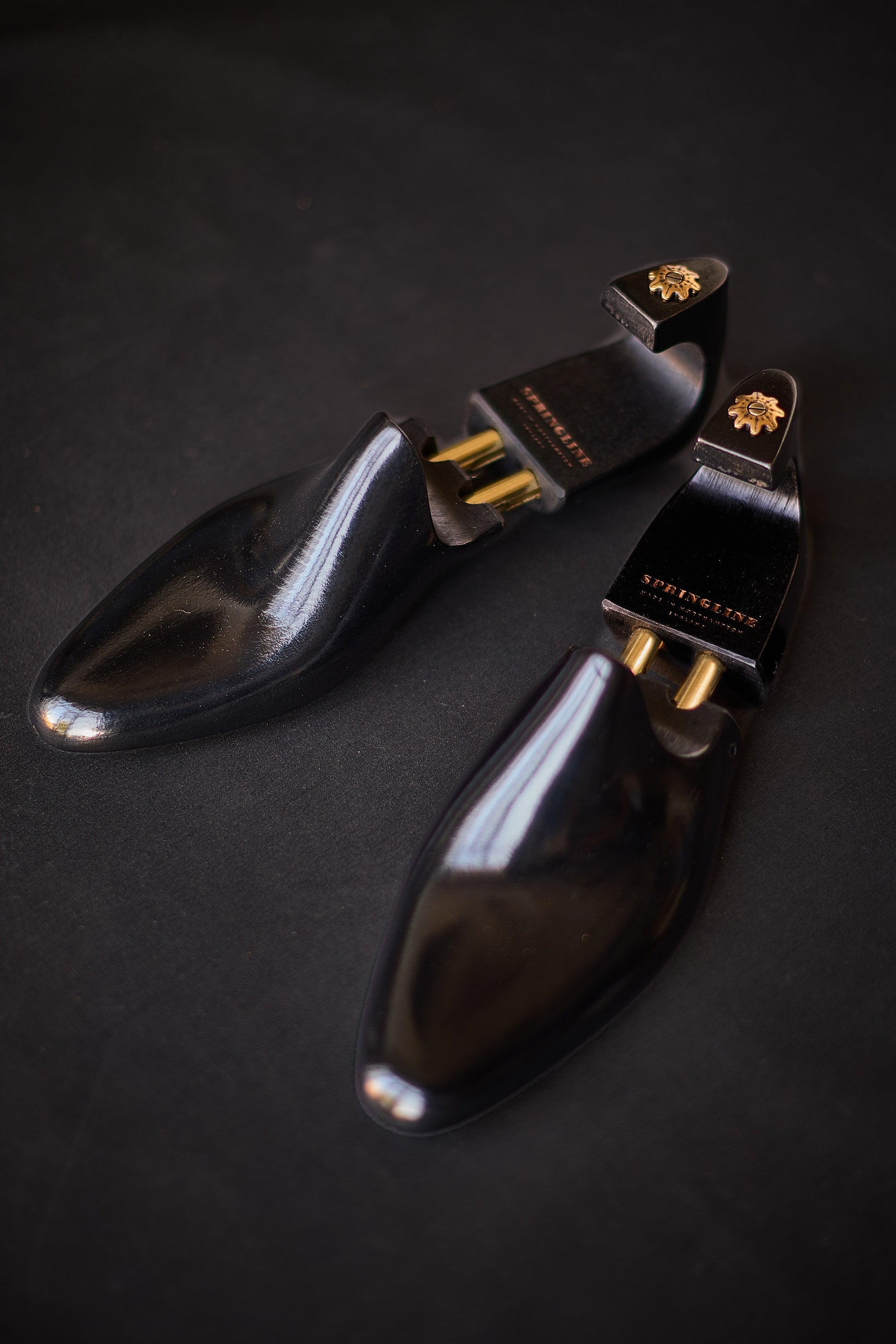 Pair of black shoe trees with gold accents on a dark background