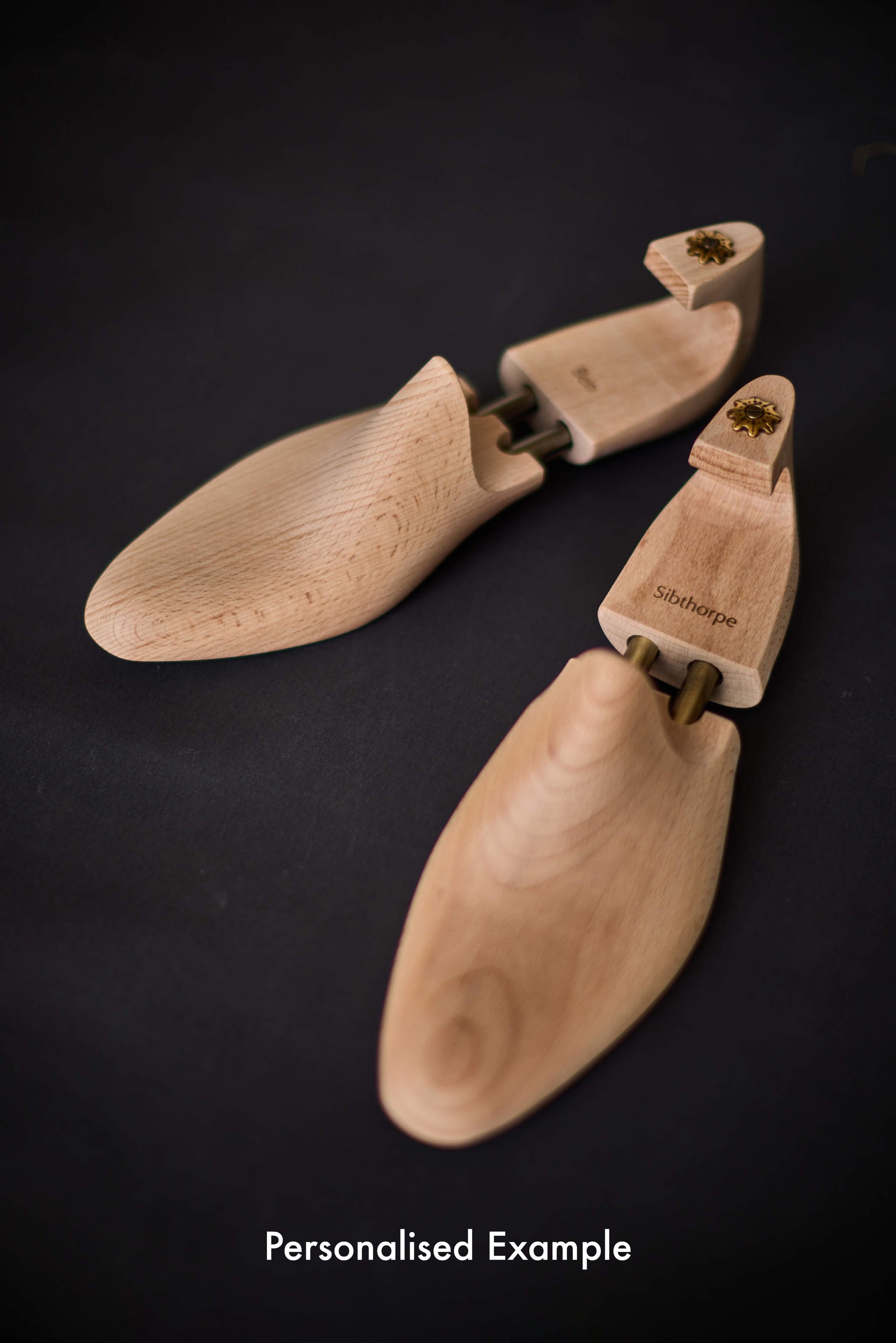Wooden shoe trees on a dark background
