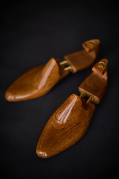 Pair of wooden shoe trees on a black background